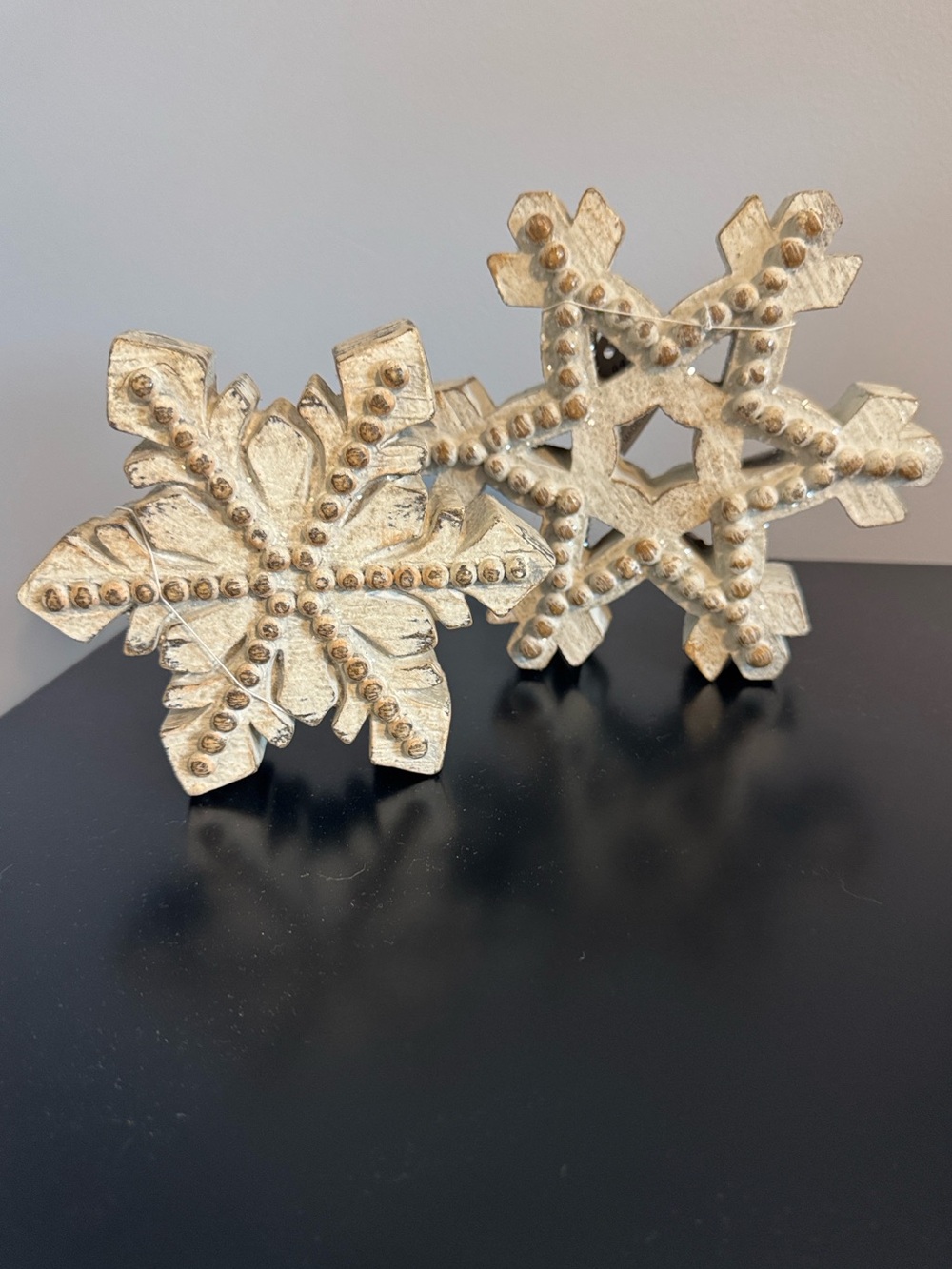 2 Rustic decorative wooden snowflakes